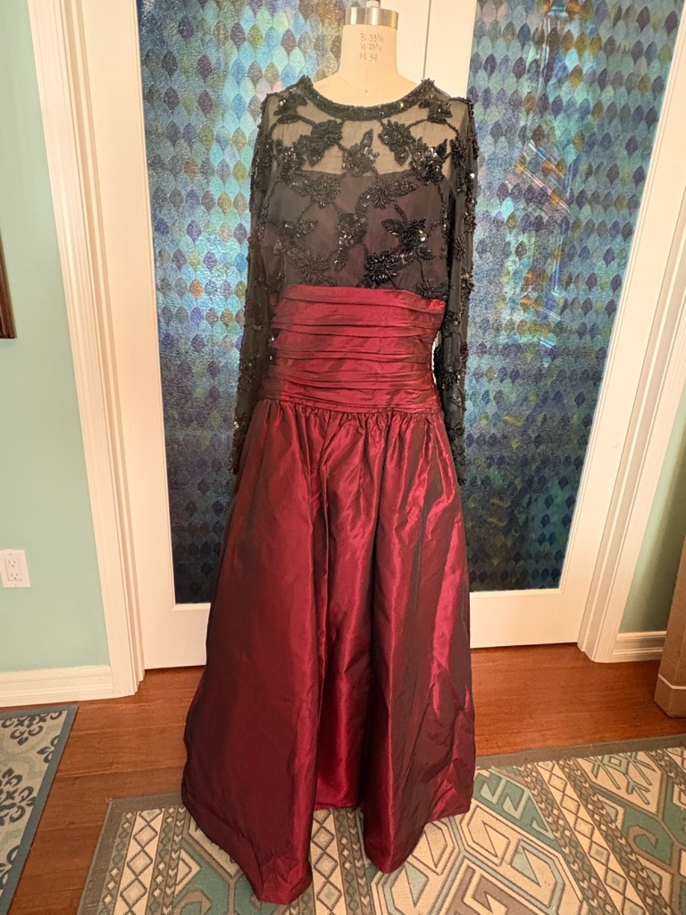 Bergdorf Goodman - Beaded black Silk  with Burgundy Taffeta Evening Gown